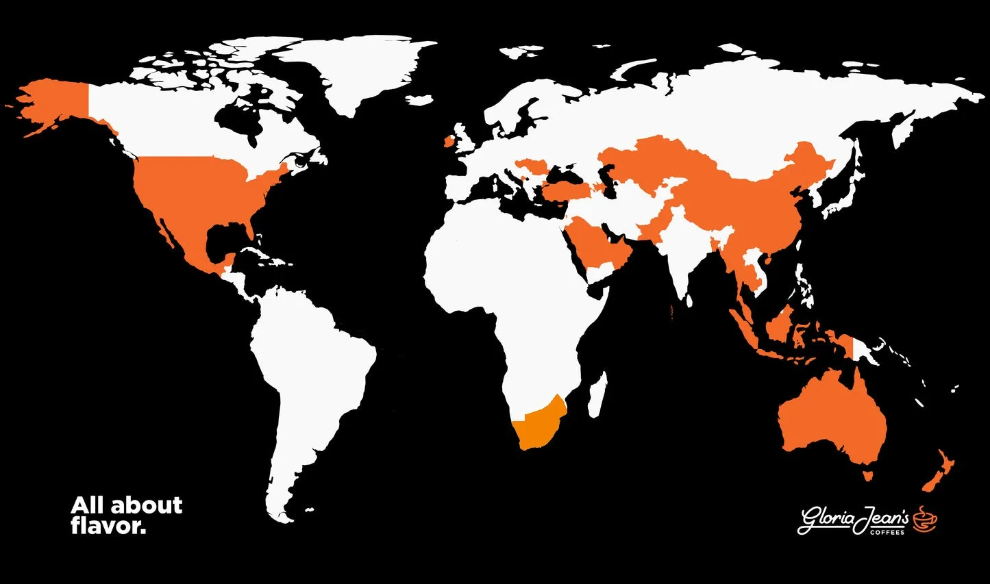 World map showing the countries where Gloria Jean's Coffees trades