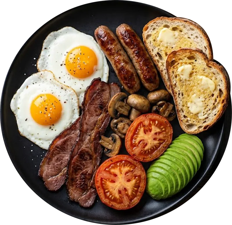 The Glorious Breakfast: eggs, macon, mushroom, avocado, tomato and toast